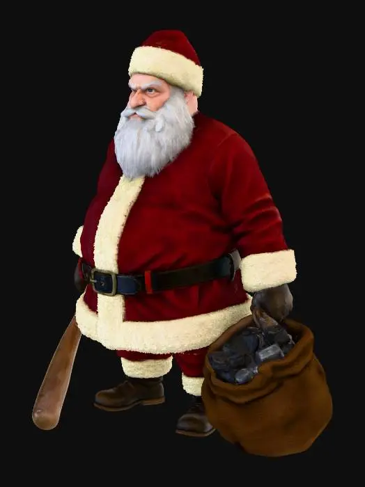 3D model for A plump Santa Claus, traditionally dressed in a vivid red suit with fluffy white trim, stands with a stern yet slightly mischievous expression. He firmly grips a rough wooden baseball bat, its grain visible, in one hand. The other hand holds a dark brown burlap sack, lumpy with jagged black charcoal chunks, clearly intended for naughty children. His thick white beard and twinkling eyes complete the intimidating yet iconic look.