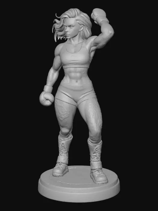 3D model for A confident, athletic woman with dark, tousled hair and a determined expression, sculpted physique, and extensive black tribal, floral, and dragon tattoos covering her arms, ribs, and thigh. She wears a form-fitting black sports bra and matching shorts with white UFC logos, along with black boxing gloves. Her pose is dynamic, with one arm raised behind her head. Dramatic lighting highlights her muscles against an abstract, dark purple background with swirling accents.