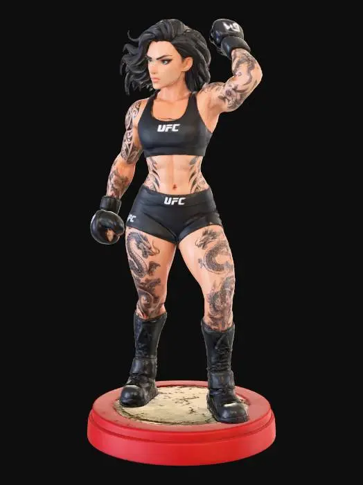 3D model for A confident, athletic woman with dark, tousled hair and a determined expression, sculpted physique, and extensive black tribal, floral, and dragon tattoos covering her arms, ribs, and thigh. She wears a form-fitting black sports bra and matching shorts with white UFC logos, along with black boxing gloves. Her pose is dynamic, with one arm raised behind her head. Dramatic lighting highlights her muscles against an abstract, dark purple background with swirling accents.