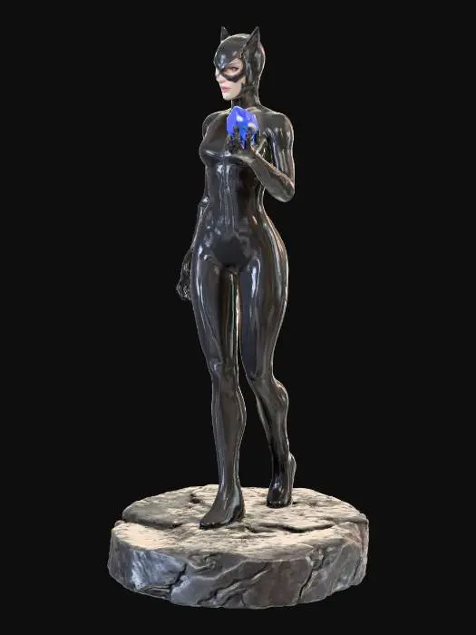 3D model for A sleek, sensual Catwoman, clad in a form-fitting, glossy black leather suit with a cowl, stands in a provocative, alluring pose. She delicately holds a large, shimmering blue diamond in one gloved hand, its facets catching light. Her athletic and graceful figure is dynamically presented, with prominent cat-like ears on her cowl. The entire model stands on a weathered, circular grey rock base, sculpted with a rough, natural texture.