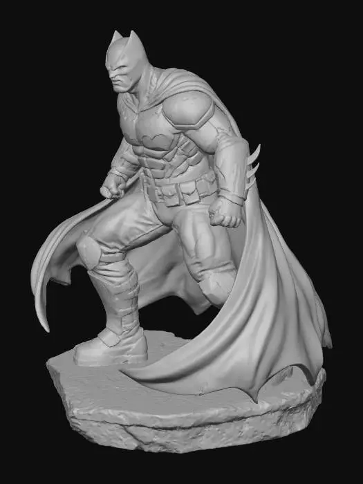 3D model for A formidable Batman 3D model, exuding strength with a heavily armored, muscular physique. He wears a dark grey suit featuring prominent plating on the chest, shoulders, and legs, accented by a black bat emblem. A long, flowing black cape billows dramatically, complementing his sharp-eared cowl and spiky gauntlets. A golden utility belt stands out. The model captures a dynamic, powerful pose, with implied dramatic lighting highlighting the gritty comic book aesthetic.