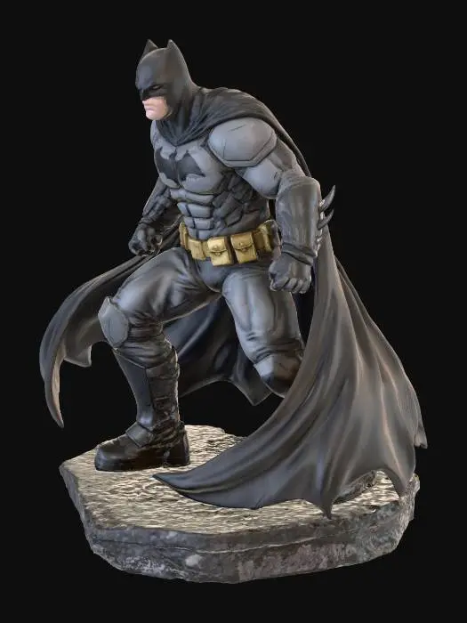 3D model for A formidable Batman 3D model, exuding strength with a heavily armored, muscular physique. He wears a dark grey suit featuring prominent plating on the chest, shoulders, and legs, accented by a black bat emblem. A long, flowing black cape billows dramatically, complementing his sharp-eared cowl and spiky gauntlets. A golden utility belt stands out. The model captures a dynamic, powerful pose, with implied dramatic lighting highlighting the gritty comic book aesthetic.