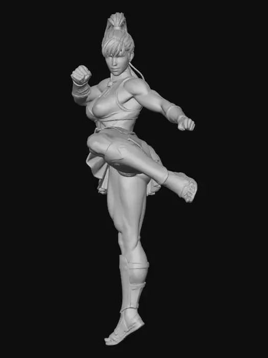 3D model for A highly detailed 3D model of Chun-Li, from Street Fighter, in a dynamic mid-kick pose. Her muscular, toned physique is accentuated by a form-fitting blue and gold fighting uniform, featuring a bra top, short skirt, armbands, and leg guards with open-toed boots, all with a smooth, slightly glossy texture. She has dark hair styled in a high ponytail with bangs. The figure stands on a circular metallic base with a red center, under bright studio lighting.