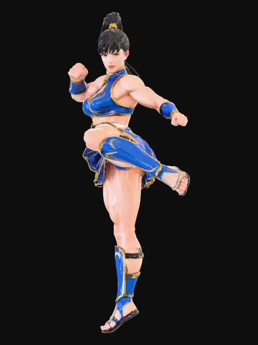 3D model for A highly detailed 3D model of Chun-Li, from Street Fighter, in a dynamic mid-kick pose. Her muscular, toned physique is accentuated by a form-fitting blue and gold fighting uniform, featuring a bra top, short skirt, armbands, and leg guards with open-toed boots, all with a smooth, slightly glossy texture. She has dark hair styled in a high ponytail with bangs. The figure stands on a circular metallic base with a red center, under bright studio lighting.