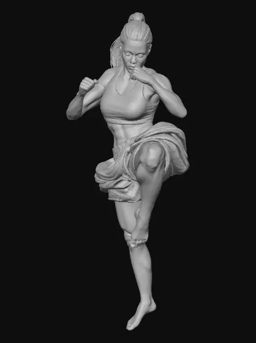 3D model for A sexy Thai fighter girl, mid-air, powerfully launching a flying knee. Her toned, athletic body is clad in vibrant, satin Muay Thai shorts and a sleek black sports bra. Her tanned, smooth skin glows, contrasting with the fabric's sheen. Dark hair is pulled back, revealing a focused, determined expression. The shorts show dynamic folds from the intense movement, emphasizing her lean, powerful musculature and agility.