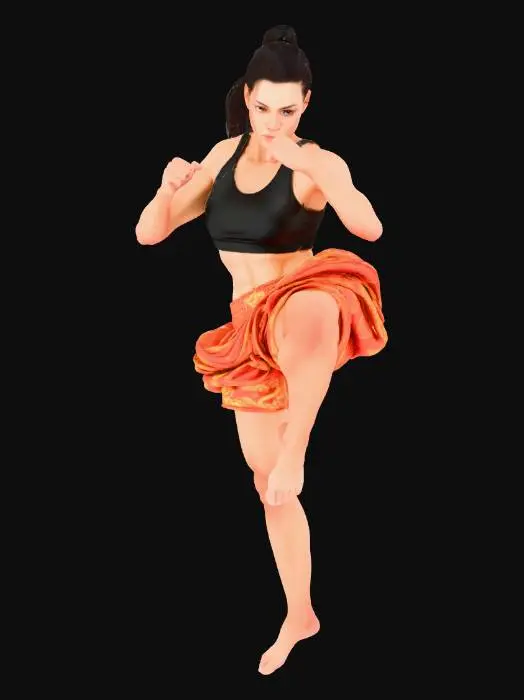 3D model for A sexy Thai fighter girl, mid-air, powerfully launching a flying knee. Her toned, athletic body is clad in vibrant, satin Muay Thai shorts and a sleek black sports bra. Her tanned, smooth skin glows, contrasting with the fabric's sheen. Dark hair is pulled back, revealing a focused, determined expression. The shorts show dynamic folds from the intense movement, emphasizing her lean, powerful musculature and agility.