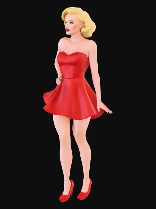 3D model for A meticulously crafted 3D model of Marilyn Monroe in a dynamic, dancing pose, showcasing a vibrant, sparkling red short skirt with a flowing movement and high slit. Her iconic blonde hair is styled in classic curls, complementing her fair skin, expressive face, and red lips. The figure is adorned with perfectly symmetrical stiletto shoes on both feet. Emphasis is placed on anatomically symmetrical hands with clearly defined, slightly separated fingers, and anatomically symmetrical legs, all sculpted for precise 3D generation.