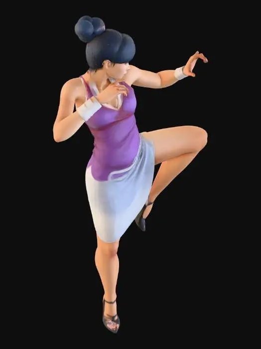 3D model for A full-body 3D beautiful and sexy model of a chun Li from street fighter performing a high martial arts kick, wearing a sexy short skirt and stilletto shoes. optimize it for fdm 3d printing . . The fingers must be anatomically correct and symmetrical, with small space between each finger to allow for clean slicing and printing. Avoid fused or overly stylized hands—aim for realistic spacing and curvature.