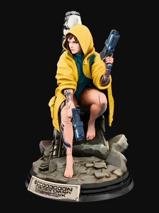 3D model for eery scorpion cyberpunk girl dark gloomy cool looking figurine, with guns only wearing yellow rain coat , barefoot, tattose , metal spine goes to scorpion tale