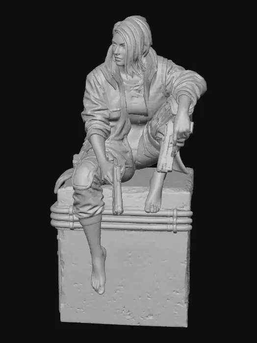 3D model for eery scorpion cyberpunk girl dark gloomy cool looking figurine, with guns only wearing yellow rain coat , barefoot, tattose , metal spine goes to scorpion tale, make girl sitting one the edge pose