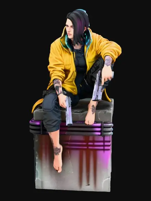 3D model for eery scorpion cyberpunk girl dark gloomy cool looking figurine, with guns only wearing yellow rain coat , barefoot, tattose , metal spine goes to scorpion tale, make girl sitting one the edge pose