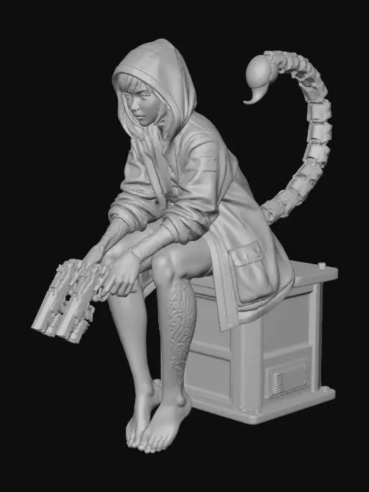 3D model for eery scorpion cyberpunk girl dark gloomy cool looking figurine, with guns only wearing yellow rain coat , barefoot, tattose , metal spine goes to scorpion tale, make girl sitting on the edge pose, oversize coat , no shoes , no pants , red eyes, with hoodie on.