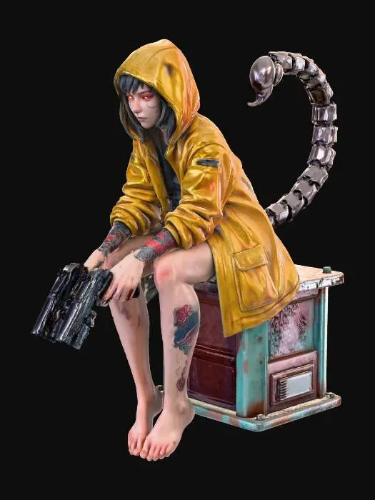 3D model for eery scorpion cyberpunk girl dark gloomy cool looking figurine, with guns only wearing yellow rain coat , barefoot, tattose , metal spine goes to scorpion tale, make girl sitting on the edge pose, oversize coat , no shoes , no pants , red eyes, with hoodie on.