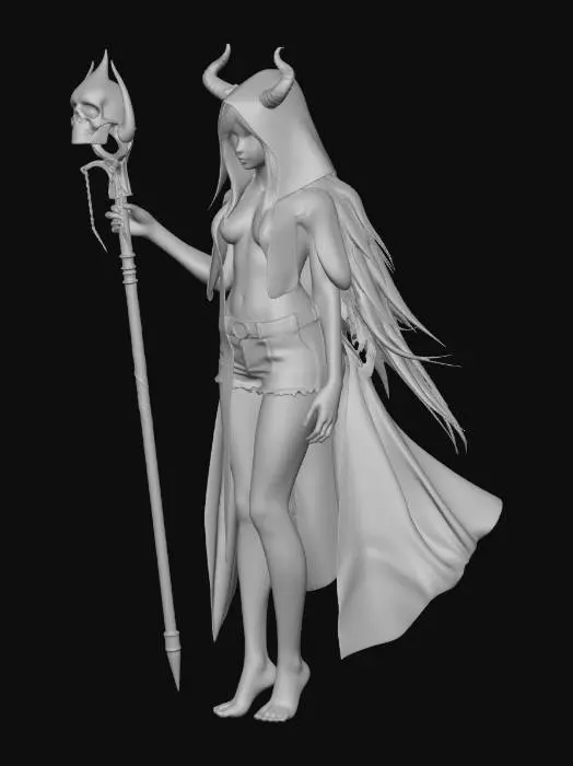 3D model for Beautiful necromancer girl wearing only rain coat , with skull sceptre, full body shot , 3d print friendly , barefoot , muscle abs, anime style,
