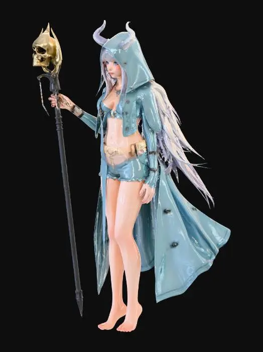 3D model for Beautiful necromancer girl wearing only rain coat , with skull sceptre, full body shot , 3d print friendly , barefoot , muscle abs, anime style,