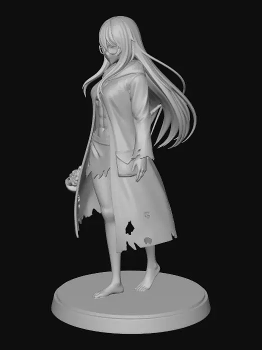3D model for Beautiful necromancer girl wearing only rain coat , with skull sceptre, full body shot , 3d print friendly , barefoot , muscle abs, anime style,