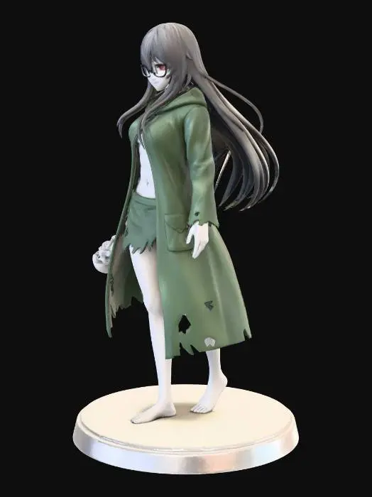 3D model for Beautiful necromancer girl wearing only rain coat , with skull sceptre, full body shot , 3d print friendly , barefoot , muscle abs, anime style,