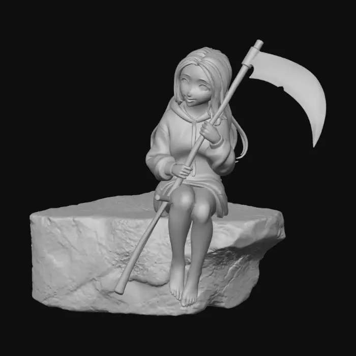 3D model for Reaper girl, with dark hoodie, and bare legs, barefoot, sitting on the edge while holding her scythe in front of her while legs warped around scythe handle/pole, dreammy, eery, cute.