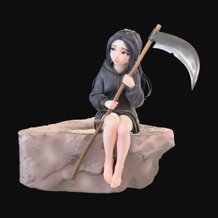 3D model for Reaper girl, with dark hoodie, and bare legs, barefoot, sitting on the edge while holding her scythe in front of her while legs warped around scythe handle/pole, dreammy, eery, cute.