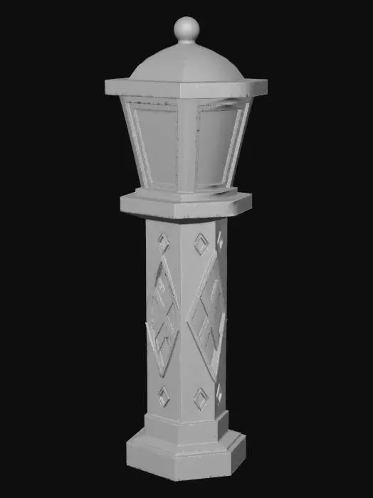 3D model for Create a stylized low-poly border light post for a premium endless runner game. The asset should have a dark forged metal body, a clean geometric silhouette, and a glowing golden top light. Add small cyan glowing accent details for a fantasy cyber-forge theme. The object should feel polished, readable from a distance, and optimized for mobile real-time rendering.

Use a unified premium stylized mobile-game texture style. Clean low-poly shapes, polished cartoon-like materials, dark forged metal, rich gold trims, warm golden glow, and small cyan energy accents. The main body should be slightly bluish dark metal with subtle brushed-metal detail and soft edge highlights. The top cap should be rich gold metallic. The lamp light should glow warm golden-yellow, soft and bright, not harsh. Keep th