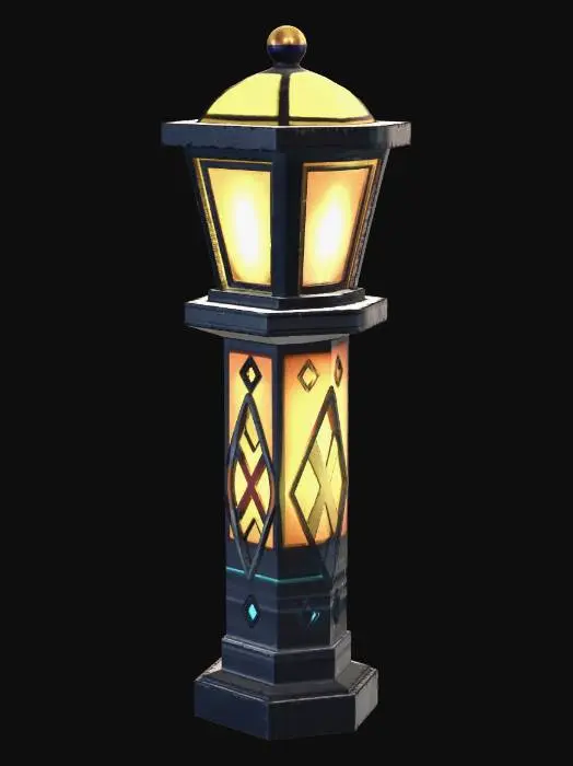 3D model for Create a stylized low-poly border light post for a premium endless runner game. The asset should have a dark forged metal body, a clean geometric silhouette, and a glowing golden top light. Add small cyan glowing accent details for a fantasy cyber-forge theme. The object should feel polished, readable from a distance, and optimized for mobile real-time rendering.

Use a unified premium stylized mobile-game texture style. Clean low-poly shapes, polished cartoon-like materials, dark forged metal, rich gold trims, warm golden glow, and small cyan energy accents. The main body should be slightly bluish dark metal with subtle brushed-metal detail and soft edge highlights. The top cap should be rich gold metallic. The lamp light should glow warm golden-yellow, soft and bright, not harsh. Keep th