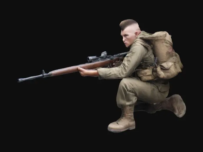 3D model for ww2 us sniper, marine. mohawk haircut, 101st airborne, aiming at target, shooting