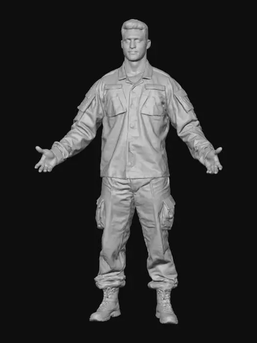 3D model for Ultra-detailed 3D model of an American soldier in modern digital camouflage uniform. Wearing a high-detail tactical helmet with visible attachments and realistic wear. Full-body in T-pose, ready for animation and game integration. Includes combat boots, tactical gloves, and utility gear. 8K PBR textures with detailed fabric grain, seams, patches, and dirt. Clean UVs, watertight mesh, optimized topology for real-time rendering. Neutral lighting with cinematic highlights for texture readability.