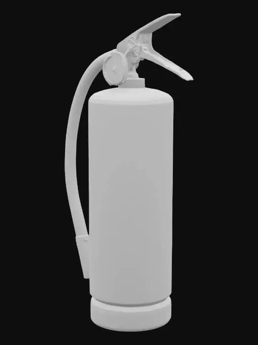 3D model for 一个圆柱形的手持式灭火器，通常由红色金属制成，表面光滑带有光泽，触感冰冷坚硬。顶部装有一个黑色的压力表和操作手柄，以及一个弯曲的黑色胶管和喷嘴。整体结构紧凑，侧面可能贴有白色的使用说明标签，字体清晰。它的底部平坦，能够稳固放置。