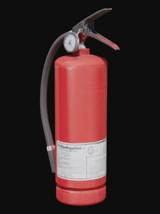 3D model for 一个圆柱形的手持式灭火器，通常由红色金属制成，表面光滑带有光泽，触感冰冷坚硬。顶部装有一个黑色的压力表和操作手柄，以及一个弯曲的黑色胶管和喷嘴。整体结构紧凑，侧面可能贴有白色的使用说明标签，字体清晰。它的底部平坦，能够稳固放置。