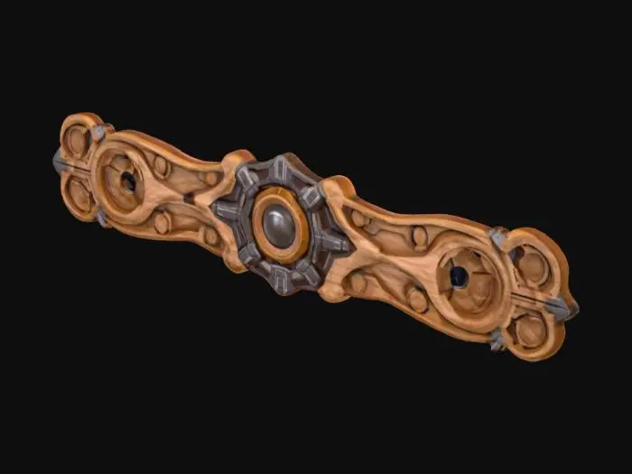 3D model for Generate a 3D model of a long, horizontal wooden ornament inspired by the Marvel Iron Man Arc Reactor.  
- Central motif: Iron Man Arc Reactor core, futuristic, sci-fi, with geometric high-tech details.  
- Shape: Elongated design for placement above a fireplace mantel.  
- Ornament flow: From the central Arc Reactor, extend into symmetrical, flowing, ornamental curves on the left and right sides, inspired by tribal and baroque carvings.  
- Ends: Smooth, decorative, curling shapes (schnörkelig) to give an elegant wood-carving look.  
- Style: Wooden carved ornament, detailed but optimized for 3D printing.  
- Output: STL file, printable.
