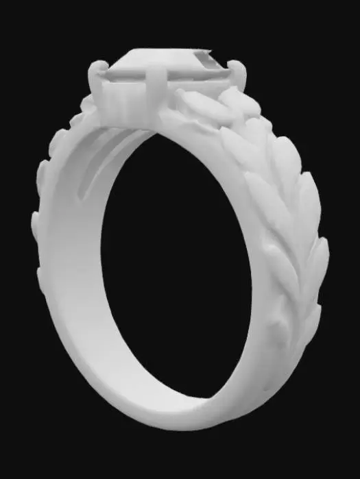 3D model for Design a high-detail 3D model of a luxury ring inspired by the Brazilian Cerrado biome. The ring features a vivid AAA+ pear-shaped emerald as the centerpiece, symbolizing nature's elegance and rarity. Crafted in polished 18k gold, the band is sleek and slightly organic, mimicking natural curves and textures found in Cerrado flora. Add subtle engraving details resembling native leaves or bark patterns. Lighting should highlight the gemstone's clarity and deep green hues. Photorealistic, suitable for rendering and jewelry prototyping.