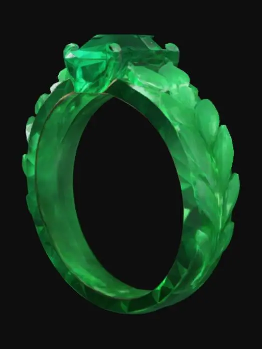 3D model for Design a high-detail 3D model of a luxury ring inspired by the Brazilian Cerrado biome. The ring features a vivid AAA+ pear-shaped emerald as the centerpiece, symbolizing nature's elegance and rarity. Crafted in polished 18k gold, the band is sleek and slightly organic, mimicking natural curves and textures found in Cerrado flora. Add subtle engraving details resembling native leaves or bark patterns. Lighting should highlight the gemstone's clarity and deep green hues. Photorealistic, suitable for rendering and jewelry prototyping.