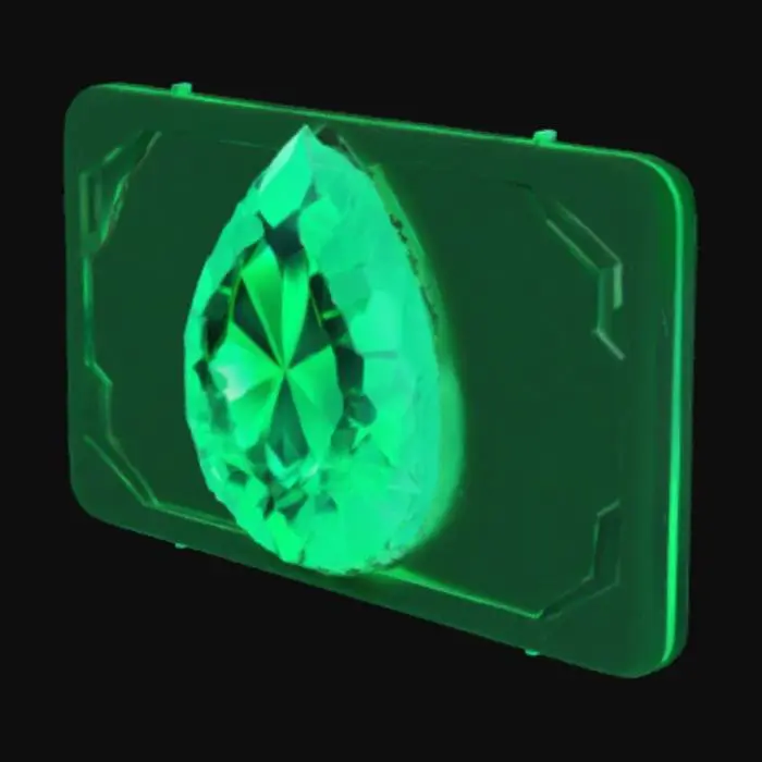 3D model for Design a high-end digital NFT card showcasing a certified emerald from Brazil. The layout should combine elegance and tech aesthetics, with a sleek, futuristic frame. Center the emerald as a glowing 3D object (2.85 ct, vivid intense green, AAA+ clarity, pear shape), floating over a dark background with blockchain grid elements. 