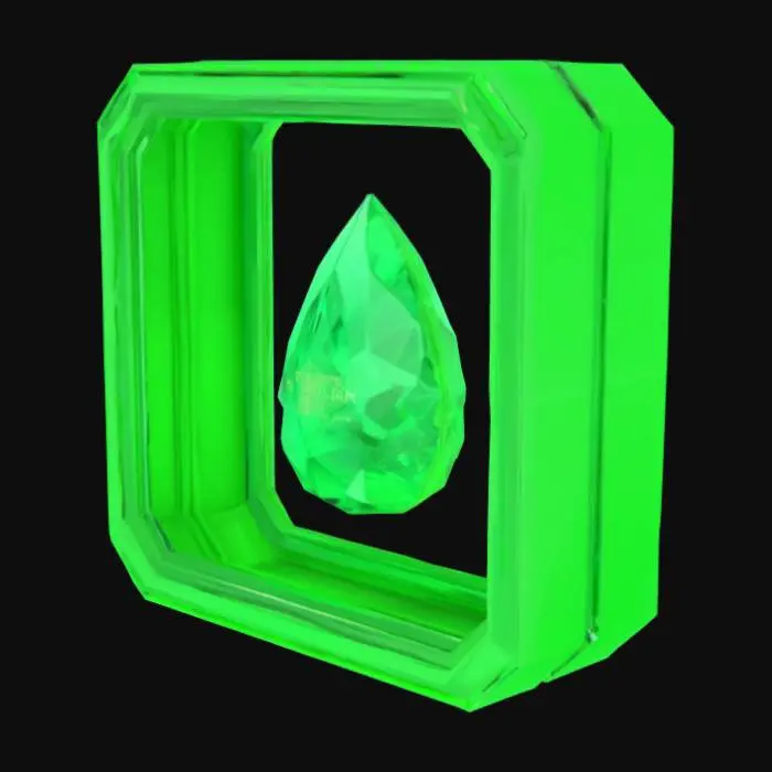 3D model for Design a high-end digital NFT card showcasing a certified emerald from Brazil. The layout should combine elegance and tech aesthetics, with a sleek, futuristic frame. Center the emerald as a glowing 3D object (2.85 ct, vivid intense green, AAA+ clarity, pear shape), floating over a dark background with blockchain grid elements. Display key data as engraved text or holographic overlays: Serial: GEMA-03521-24BR, DNA Code: dXa58f92l9-vER-53Lk, Origin: Campos Verdes, Brazil, No treatment. Include Ethereum logo, Token ID: 0x83...fd8c, and verification: EtherScan. Issue Date: 2025-04-15. Signed by: Luciano Yata – Certified Geologist. Feel premium, secure, and traceable.