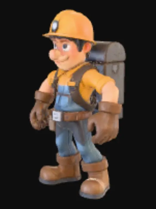 3D model for Low-poly human miner character, male, stylized, wearing helmet with headlamp, gloves, boots, and backpack