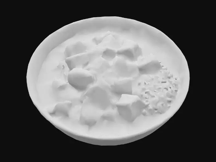 3D model for A high-resolution, appetizing photograph of a large portion of Japanese curry and rice, served in a clean white bowl. The curry features large, tender chunks of beef and generous pieces of vegetables such as potatoes, carrots, and onions, all swimming in a rich, dark brown, and glossy curry sauce. The rice is perfectly cooked, fluffy, and heaped to one side of the bowl. The lighting is soft and warm, highlighting the textures of the ingredients and the inviting steam rising from the hot food. The photo is taken from a slightly elevated angle to showcase both the curry and the rice. The background is a simple, neutral-colored tabletop to ensure all focus is on the delicious meal. There are no people or distracting elements in the scene.