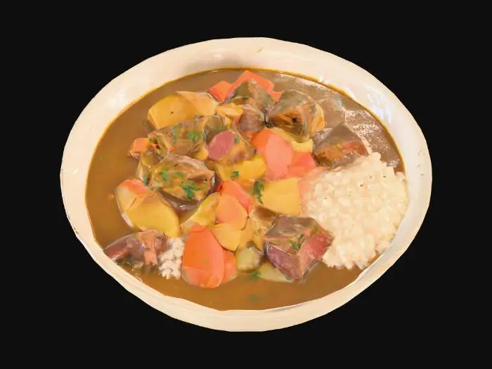 3D model for A high-resolution, appetizing photograph of a large portion of Japanese curry and rice, served in a clean white bowl. The curry features large, tender chunks of beef and generous pieces of vegetables such as potatoes, carrots, and onions, all swimming in a rich, dark brown, and glossy curry sauce. The rice is perfectly cooked, fluffy, and heaped to one side of the bowl. The lighting is soft and warm, highlighting the textures of the ingredients and the inviting steam rising from the hot food. The photo is taken from a slightly elevated angle to showcase both the curry and the rice. The background is a simple, neutral-colored tabletop to ensure all focus is on the delicious meal. There are no people or distracting elements in the scene.