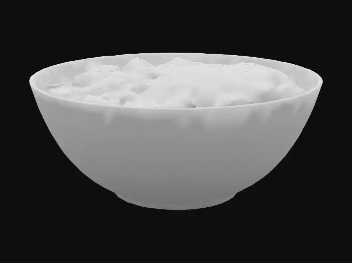 3D model for A high-resolution, appetizing photograph of a large portion of Japanese curry and rice, served in a clean white bowl. The curry features large, tender chunks of beef and generous pieces of vegetables such as potatoes, carrots, and onions, all swimming in a rich, dark brown, and glossy curry sauce. The rice is perfectly cooked, fluffy, and heaped to one side of the bowl. The lighting is soft and warm, highlighting the textures of the ingredients and the inviting steam rising from the hot food. The photo is taken from a slightly elevated angle to showcase both the curry and the rice. The background is a simple, neutral-colored tabletop to ensure all focus is on the delicious meal. There are no people or distracting elements in the scene.
