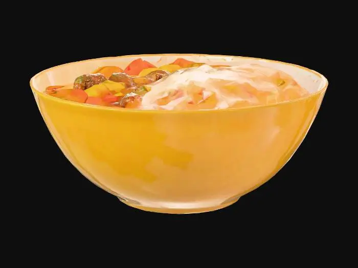 3D model for A high-resolution, appetizing photograph of a large portion of Japanese curry and rice, served in a clean white bowl. The curry features large, tender chunks of beef and generous pieces of vegetables such as potatoes, carrots, and onions, all swimming in a rich, dark brown, and glossy curry sauce. The rice is perfectly cooked, fluffy, and heaped to one side of the bowl. The lighting is soft and warm, highlighting the textures of the ingredients and the inviting steam rising from the hot food. The photo is taken from a slightly elevated angle to showcase both the curry and the rice. The background is a simple, neutral-colored tabletop to ensure all focus is on the delicious meal. There are no people or distracting elements in the scene.
