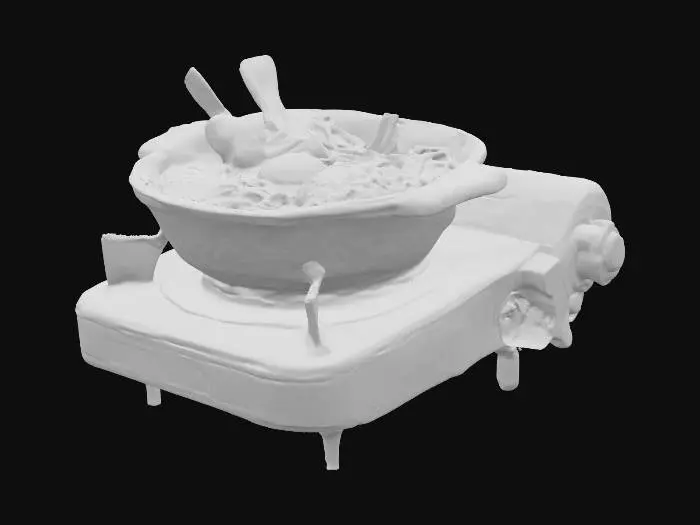 3D model for An illustration of nabe yaki udon (hot pot udon) actively cooking on a portable cassette stove. The broth is bubbling and steaming, and the ingredients (e.g., udon noodles, vegetables, sliced meat) are clearly visible in the pot.
Art style: Photorealistic, high detail, sharp focus, professional product photography, clean aesthetic.