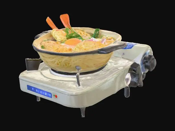 3D model for An illustration of nabe yaki udon (hot pot udon) actively cooking on a portable cassette stove. The broth is bubbling and steaming, and the ingredients (e.g., udon noodles, vegetables, sliced meat) are clearly visible in the pot.
Art style: Photorealistic, high detail, sharp focus, professional product photography, clean aesthetic.