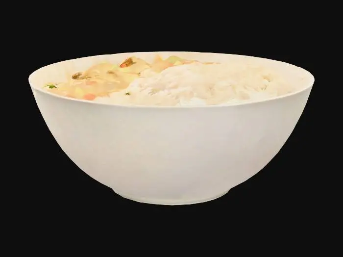 3D model for A high-resolution, appetizing photograph of a large portion of Japanese curry and rice, served in a clean white bowl. The curry features large, tender chunks of beef and generous pieces of vegetables such as potatoes, carrots, and onions, all swimming in a rich, dark brown, and glossy curry sauce. The rice is perfectly cooked, fluffy, and heaped to one side of the bowl. The lighting is soft and warm, highlighting the textures of the ingredients and the inviting steam rising from the hot food. The photo is taken from a slightly elevated angle to showcase both the curry and the rice. The background is a simple, neutral-colored tabletop to ensure all focus is on the delicious meal. There are no people or distracting elements in the scene.