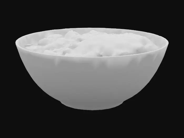 3D model for A high-resolution, appetizing photograph of a large portion of Japanese curry and rice, served in a clean white bowl. The curry features large, tender chunks of beef and generous pieces of vegetables such as potatoes, carrots, and onions, all swimming in a rich, dark brown, and glossy curry sauce. The rice is perfectly cooked, fluffy, and heaped to one side of the bowl. The lighting is soft and warm, highlighting the textures of the ingredients and the inviting steam rising from the hot food. The photo is taken from a slightly elevated angle to showcase both the curry and the rice. The background is a simple, neutral-colored tabletop to ensure all focus is on the delicious meal. There are no people or distracting elements in the scene.