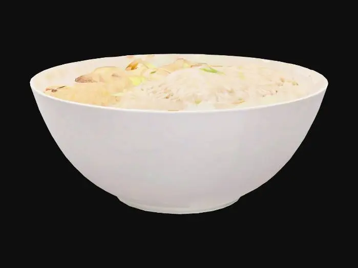 3D model for A high-resolution, appetizing photograph of a large portion of Japanese curry and rice, served in a clean white bowl. The curry features large, tender chunks of beef and generous pieces of vegetables such as potatoes, carrots, and onions, all swimming in a rich, dark brown, and glossy curry sauce. The rice is perfectly cooked, fluffy, and heaped to one side of the bowl. The lighting is soft and warm, highlighting the textures of the ingredients and the inviting steam rising from the hot food. The photo is taken from a slightly elevated angle to showcase both the curry and the rice. The background is a simple, neutral-colored tabletop to ensure all focus is on the delicious meal. There are no people or distracting elements in the scene.