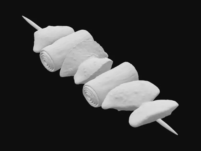 3D model for A richly textured skewer of roasted chicken liver. Variously sized pieces of glistening chicken liver and thick sections of green onion are alternately threaded onto a slender bamboo skewer. The skewer, chicken liver, and green onion are all thoroughly cooked. The surface of the green onion appears dry and slightly wrinkled from the heat, devoid of any significant gloss, and displays distinct, dark char marks in various places. The chicken liver pieces are perfectly seared, boasting a deep, rich brown exterior with a delicate, slightly crusty edge, suggesting a creamy interior. The image should convey the appetizing appeal of perfectly grilled offal, emphasizing the contrasting textures and the well-cooked appearance.
