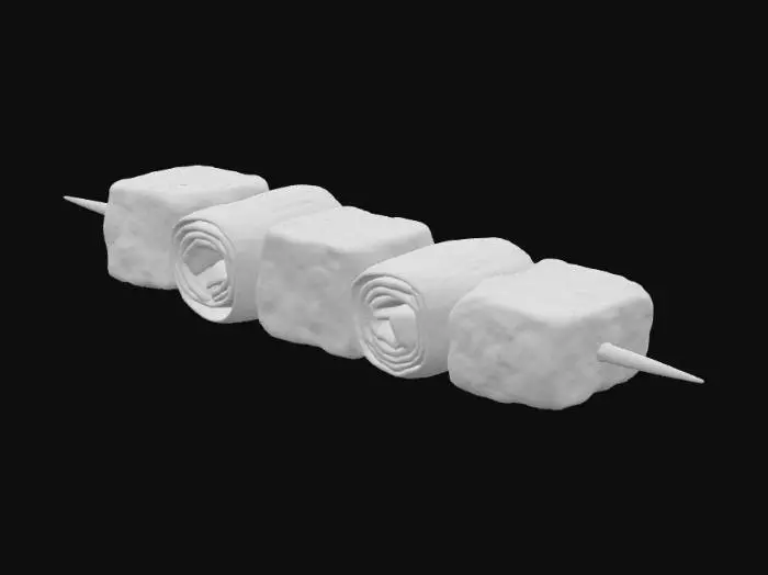 3D model for A tantalizing skewer of roasted Tonteki (pork steak). Cubed pieces of juicy pork and thick sections of green onion are alternately threaded onto a slender bamboo skewer. The skewer, pork, and green onion are all thoroughly cooked. The surface of the green onion appears dry and slightly wrinkled from the heat, devoid of any significant gloss, and shows distinct, dark char marks in various places. The pork pieces are well-seared, exhibiting a rich brown exterior with a slightly caramelized sheen, hinting at tenderness within. The image should capture the essence of a perfectly grilled skewer, emphasizing the contrasting textures and the appealingly cooked elements. Warm, focused lighting should highlight the charring on the green onion and the savory texture of the pork.