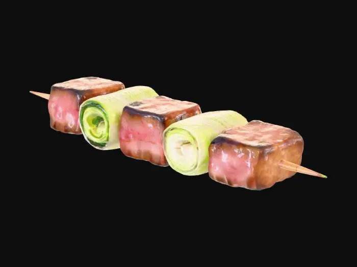 3D model for A tantalizing skewer of roasted Tonteki (pork steak). Cubed pieces of juicy pork and thick sections of green onion are alternately threaded onto a slender bamboo skewer. The skewer, pork, and green onion are all thoroughly cooked. The surface of the green onion appears dry and slightly wrinkled from the heat, devoid of any significant gloss, and shows distinct, dark char marks in various places. The pork pieces are well-seared, exhibiting a rich brown exterior with a slightly caramelized sheen, hinting at tenderness within. The image should capture the essence of a perfectly grilled skewer, emphasizing the contrasting textures and the appealingly cooked elements. Warm, focused lighting should highlight the charring on the green onion and the savory texture of the pork.