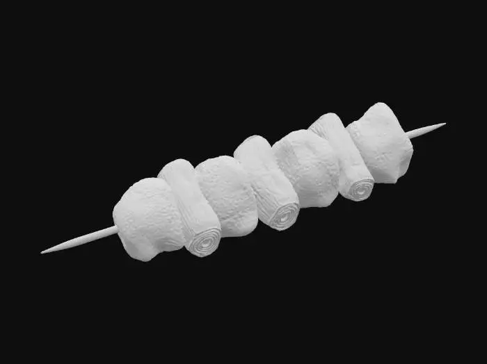 3D model for A skewer of beautifully roasted Negima. Thick pieces of green onion (negi) and succulent chicken thigh are alternately threaded onto a slender bamboo skewer. Both the skewer, the green onion, and the chicken are thoroughly cooked. The surface of the green onion appears dry and slightly wrinkled from the heat, lacking any significant gloss, and exhibiting attractive char marks in various places where it has been perfectly seared. The chicken pieces are apparently  different size and shapes, golden-brown with a slightly crispy exterior, showing signs of having been cooked over high heat, perhaps with subtle grill marks. The overall aesthetic should evoke a sense of delicious, rustic yakitori, focusing on the textures and well-cooked appearance of the ingredients.