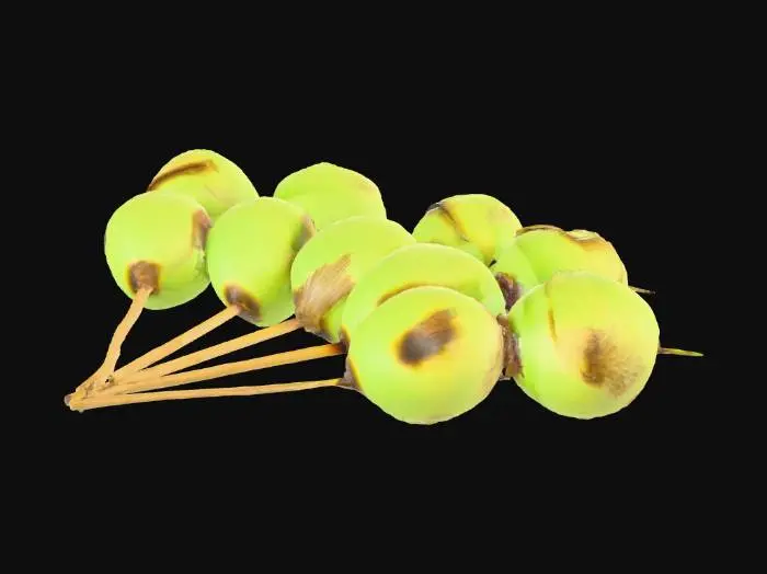 3D model for Beautifully presented skewer features perfectly grilled ginkgo nuts. Eight beautifully peeled, oval-shaped ginkgo nuts are carefully threaded onto thin bamboo skewers. Both the skewers and the nuts are cooked to perfection. The nuts' surfaces are dry, with delicate heat-induced wrinkles and no artificial sheen whatsoever. The nuts' surfaces are clearly charred in places, a testament to the exquisite grilling that brings out their natural flavor. The overall impression is a blend of sophisticated simplicity and traditional Japanese culinary techniques, highlighting the delicate texture of the ginkgo nuts and their carefully grilled appearance. The lighting is soft and warm, allowing the deep char to stand out against the pale green of the nuts.