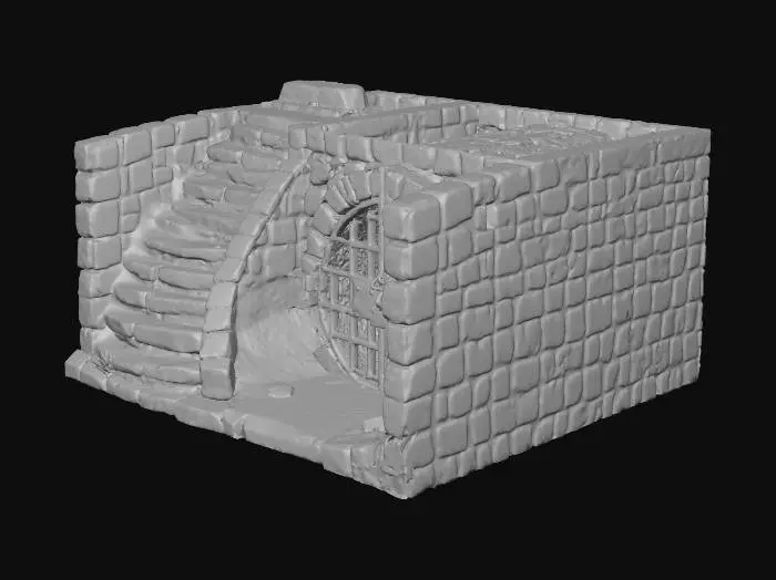 3D model for Hidden Passageway 中世の町の城壁近くにある暗い下水道の入り口。入り口は壁に沿った狭い階段の下にあり、錆びた鉄の門で塞がれている。